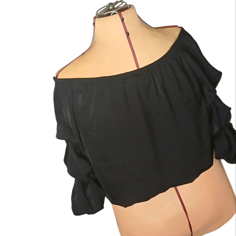 CeCe Black Ruffled Off-Shoulder Blouse with Tie Front